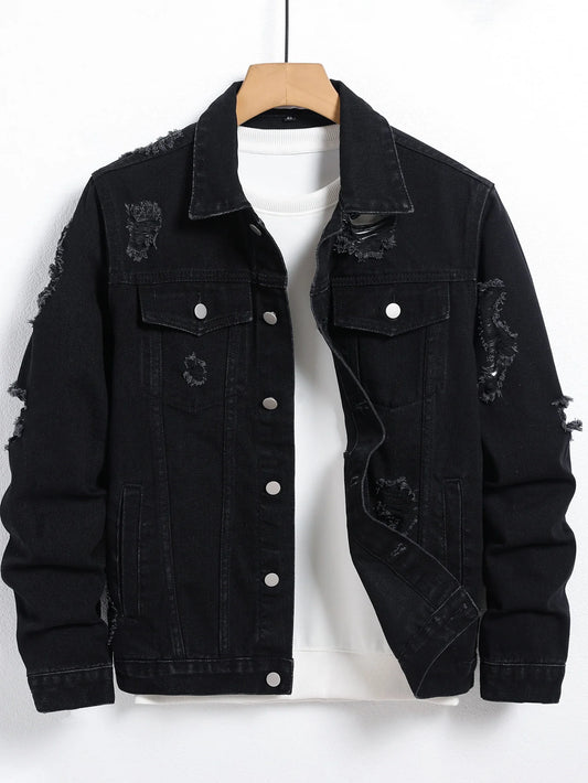 Men's Denim Jacket - Black Regular Jacket, Street Fashion with Rips, Suitable for Daily Casual Outings