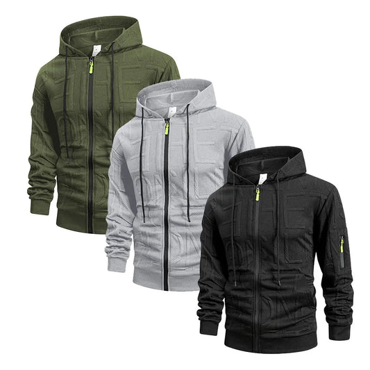 Mens Letter Jacquard Jacket Simple Stylish Autumn Sportwear Warm Casual Multiple Pockets Outwear Zip Up Hooded Coats for Men